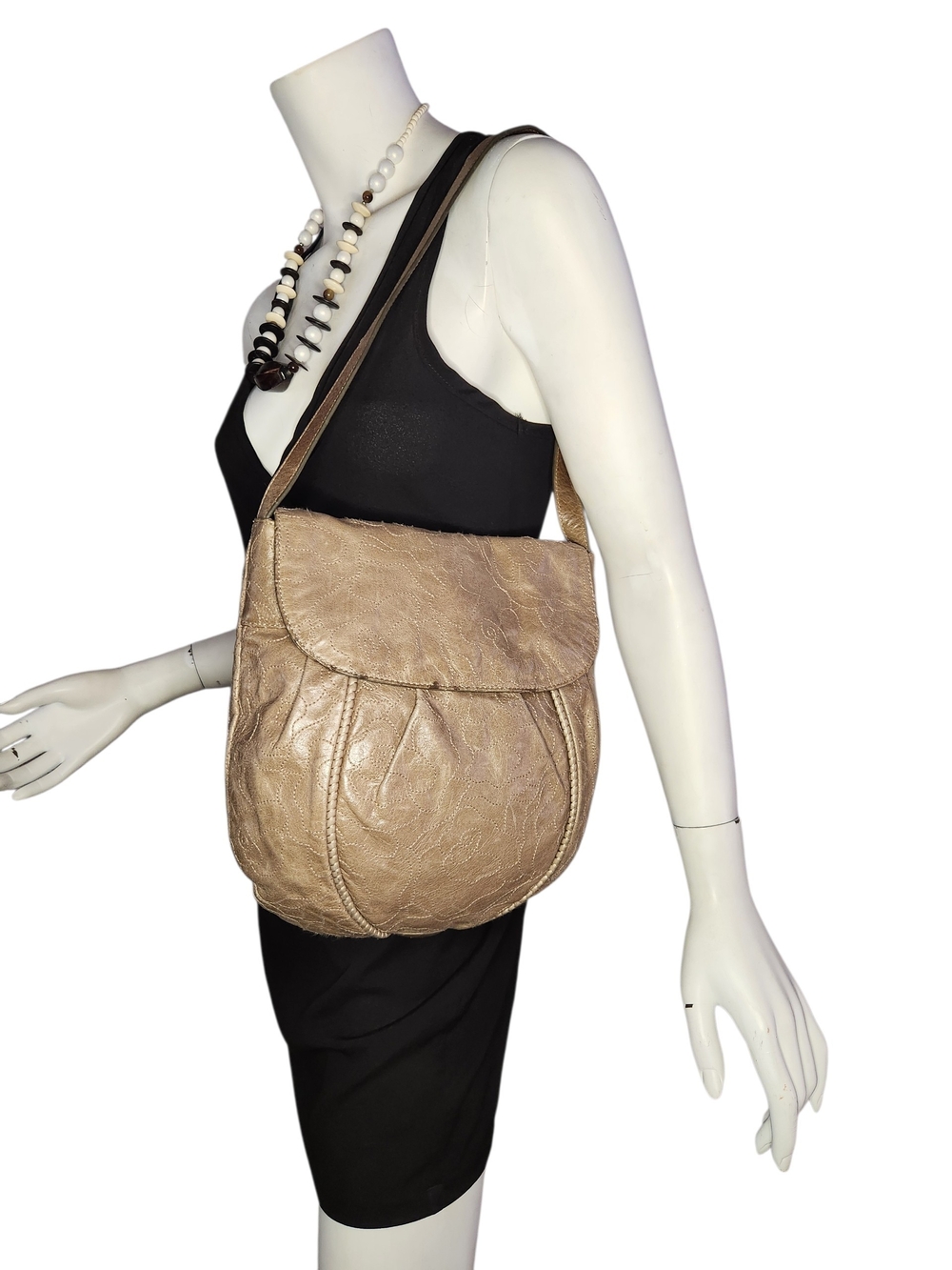 HOBO INTERNATIONAL DISTRESSED FLORAL SHOULDER TAUPE PURSE BAG